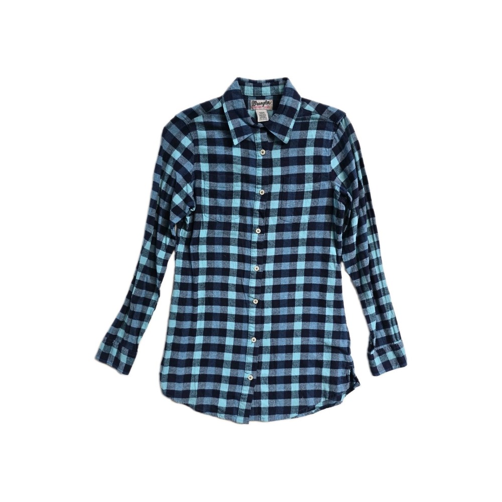 Wrangler Women's Flannel Tunic Button Up Shirt S Blue Checkered